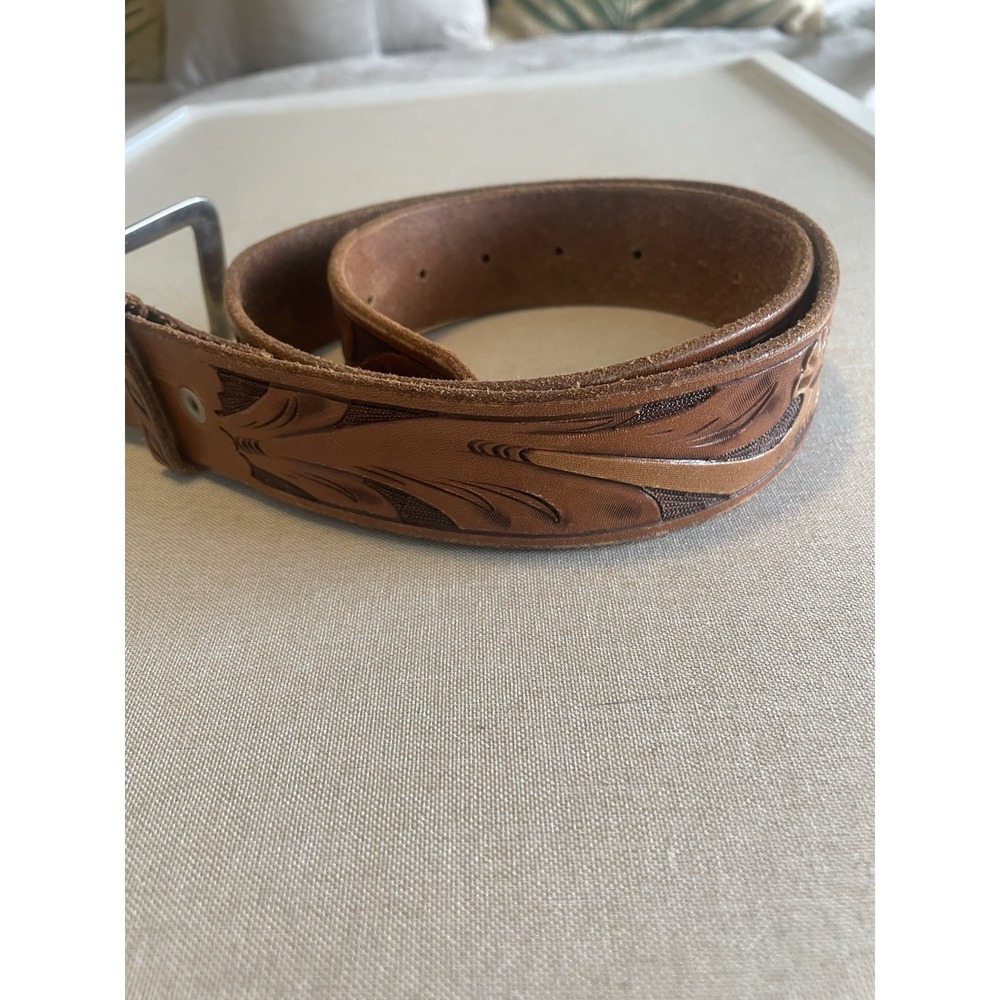 vintage TOOLED buckle belt WESTERN handcrafted 38" brown floral leather Wyoming‎